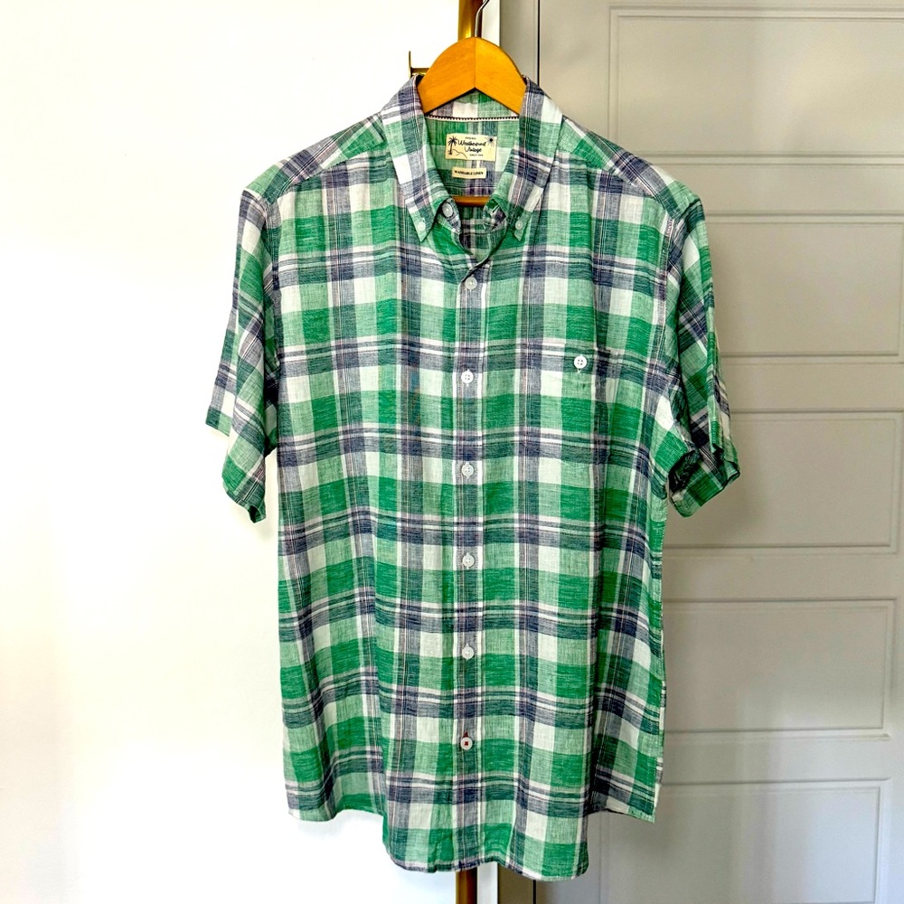 Men's Green Blue Linen Short Sleeve Button Down Tartan Plaid Shirt L Western